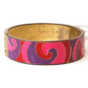 Vintage Bangle Bracelet Hippie Mod Pink & Purple Swirls Gold-tone Hinge Jewelry